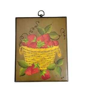 Vtg Hand-Painted Wood Plaque Wall Decor Strawberry Basket 8.5"x10.5" Folk Art